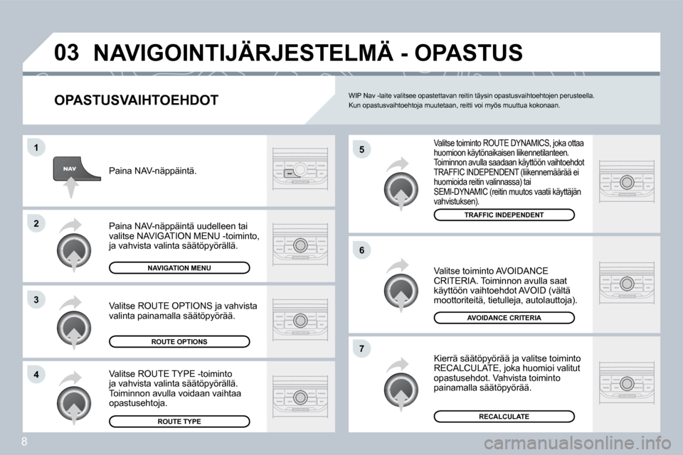 Peugeot 308 SW BL 2008.5  Omistajan käsikirja (in Finnish) 8
�0�3
�5
�6
�7
�1
�2
�3
�4
 NAVIGOINTIJÄRJESTELMÄ - OPASTUS 
  OPASTUSVAIHTOEHDOT 
 Valitse toiminto ROUTE DYNAMICS, joka ottaa huomioon käytönaikaisen liikennetilanteen.  Toiminnon avulla saadaa