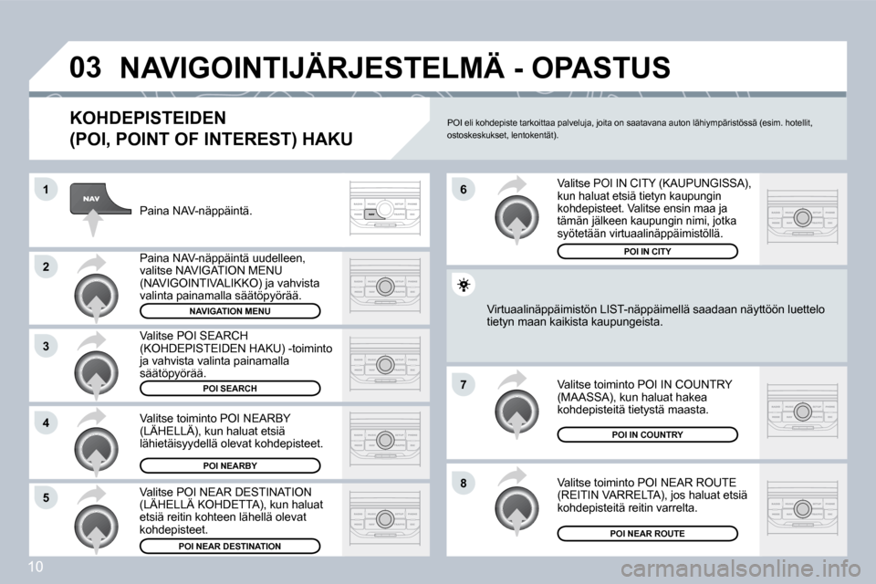 Peugeot 308 SW BL 2008.5  Omistajan käsikirja (in Finnish) 10
�0�3
�1
�2
�3
�4
�7
�8�5
�6
 NAVIGOINTIJÄRJESTELMÄ - OPASTUS 
  KOHDEPISTEIDEN 
�(�P�O�I�,� �P�O�I�N�T� �O�F� �I�N�T�E�R�E�S�T�)� �H�A�K�U� 
 Paina NAV-näppäintä. 
 Paina NAV-näppäintä uude