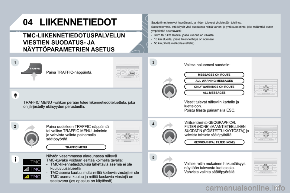 Peugeot 308 SW BL 2008.5  Omistajan käsikirja (in Finnish) 13
�0�4
�1
�2
�5
�4
�3
 LIIKENNETIEDOT 
  TMC-LIIKENNETIEDOTUSPALVELUN 
VIESTIEN SUODATUS- JA 
NÄYTTÖPARAMETRIEN ASETUS 
 Valitse reitin mukainen hakuetäisyys näyttöön tulevasta luettelosta.  Va