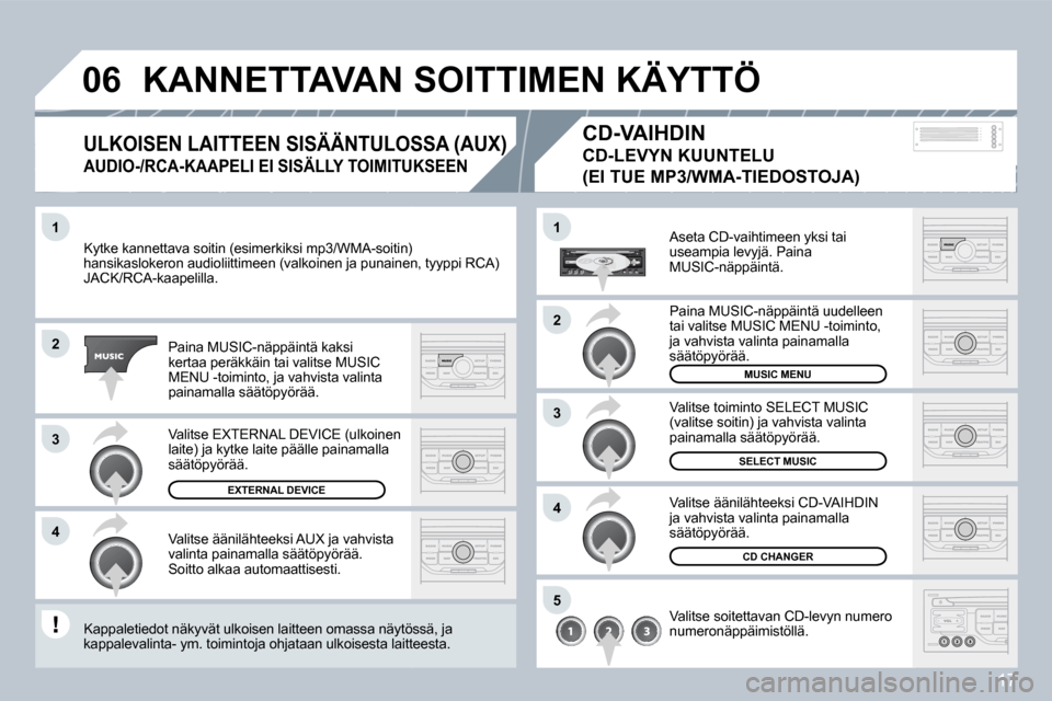 Peugeot 308 SW BL 2008.5  Omistajan käsikirja (in Finnish) 17
�1
�2
�3
�4
�1
�4
�0�6
�2
�3
�5
 Kytke kannettava soitin (esimerkiksi mp3/WMA-soitin) itin) hansikaslokeron audioliittimeen (valkoinen ja punainen,ainen, tyyppi RCA) JACK/RCA-kaapelilla. 
 Paina MU