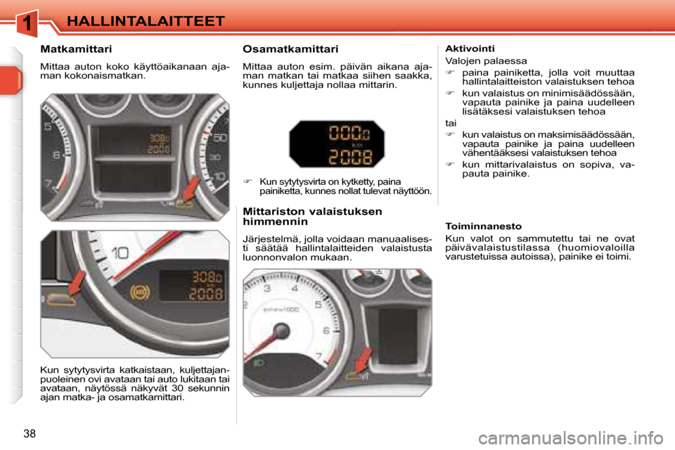 Peugeot 308 SW BL 2008.5  Omistajan käsikirja (in Finnish) 38
HALLINTALAITTEET
  Matkamittari  
 Mittaa  auton  koko  käyttöaikanaan  aja- 
man kokonaismatkan. 
  Mittariston valaistuksen  
himmennin  
 Järjestelmä, jolla voidaan manuaalises- 
ti  säät�