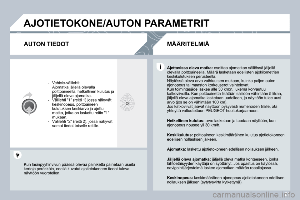 Peugeot 308 SW BL 2008.5  Omistajan käsikirja (in Finnish) 21
 AJOTIETOKONE/AUTON PARAMETRIT 
  AUTON TIEDOT 
   -   Vehicle-välilehti:    Ajomatka jäljellä olevalla polttoaineella, hetkellinen kulutus ja jäljellä oleva ajomatka.   -   Välilehti "1" (re