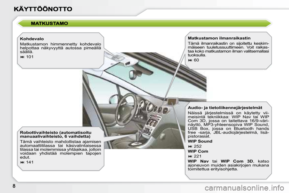 Peugeot 308 SW BL 2008.5  Omistajan käsikirja (in Finnish)   Kohdevalo  
 Matkustamon  himmennetty  kohdevalo  
helpottaa  näkyvyyttä  autossa  pimeällä 
säällä.  
   
�   101   
  Robottivaihteisto (automatisoitu  
manuaalivaihteisto, 6 vaihdetta) 