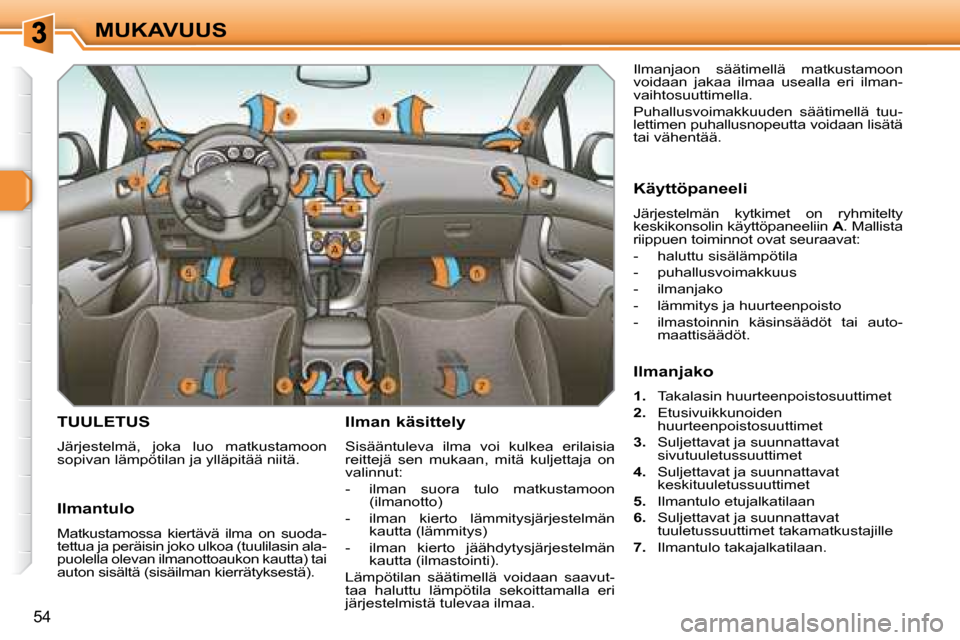 Peugeot 308 SW BL 2008.5  Omistajan käsikirja (in Finnish) 54
MUKAVUUS
       TUULETUS 
 Järjestelmä,  joka  luo  matkustamoon  
sopivan lämpötilan ja ylläpitää niitä.   Ilman käsittely  
 Sisääntuleva  ilma  voi  kulkea  erilaisia  
reittejä  sen