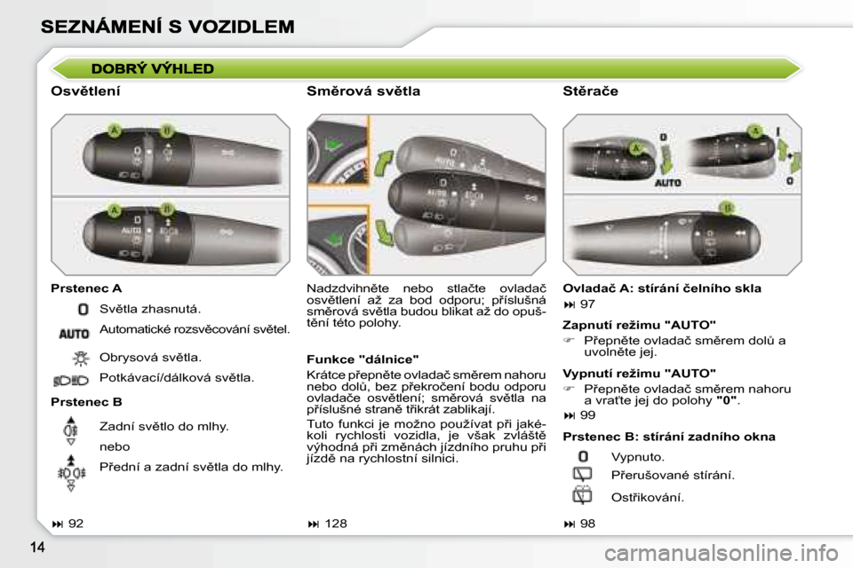 Peugeot 308 SW BL 2008.5  Návod k obsluze (in Czech) � � �O�s�v)�t�l�e�n�í�  
� � �P�r�s�t�e�n�e�c� �A�  
� � �P�r�s�t�e�n�e�c� �B� � �N�a�d�z�d�v�i�h�n)�t�e�  �n�e�b�o�  �s�t�l�a�č�t�e�  �o�v�l�a�d�a�č�  
�o�s�v)�t�l�e�n�í�  �a�ž�  �z�a�  �b�o�