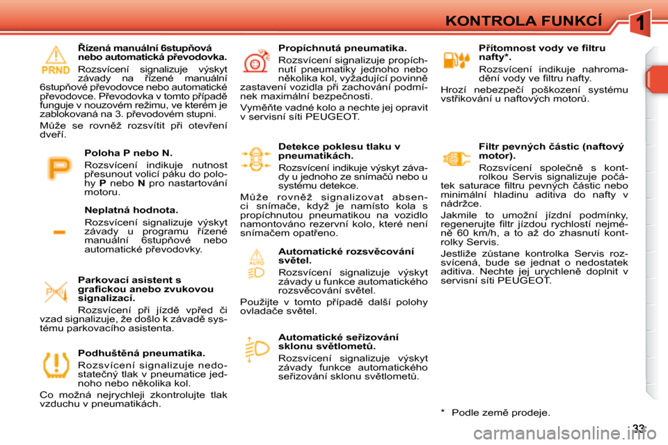 Peugeot 308 SW BL 2008.5  Návod k obsluze (in Czech) KONTROLA FUNKCÍ� � � �P9�í�t�o�m�n�o�s�t� �v�o�d�y� �v�e� �ﬁ� �l�t�r�u�  
�n�a�f�t�y� �*� �.�  
� �R�o�z�s�v�í�c�e�n�í�  �i�n�d�i�k�u�j�e�  �n�a�h�r�o�m�a�- 
�d)�n�í� �v�o�d�y� �v�e� �ﬁ� �l