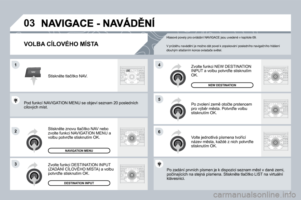 Peugeot 308 SW BL 2008.5  Návod k obsluze (in Czech) 7
NAV
03
1
2
3
6
5
4
� � �V�O�L�B�A� �C�Í�L�O�V�É�H�O� �M�Í�S�T�A� 
� �S�t�i�s�k�n)�t�e� �z�n�o�v�u� �t�l�a�č�í�t�k�o� �N�A�V� �n�e�b�o� �z�v�o�l�t�e� �f�u�n�k�c�i� �N�A�V�I�G�A�T�I�O�N� �M�E�N�