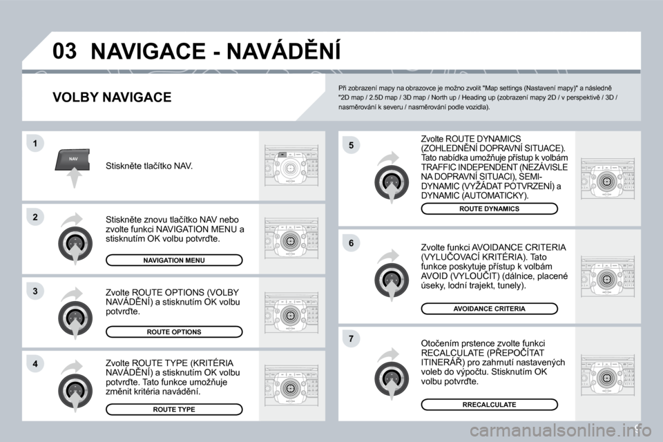 Peugeot 308 SW BL 2008.5  Návod k obsluze (in Czech) 9
NAV
03
5
6
7
1
2
3
4
� �N�A�V�I�G�A�C�E� �-� �N�A�V�Á�D(�N�Í� 
� � �V�O�L�B�Y� �N�A�V�I�G�A�C�E
� �Z�v�o�l�t�e� �R�O�U�T�E� �D�Y�N�A�M�I�C�S� �(�Z�O�H�L�E�D�N(�N�Í� �D�O�P�R�A�V�N�Í� �S�I�T�U�