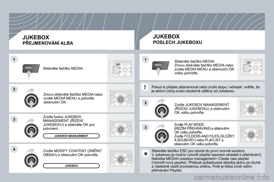 Peugeot 308 SW BL 2008.5  Návod k obsluze (in Czech) 21
33
22
MEDIA
22
33
44
11
MEDIA11� �S�t�i�s�k�n)�t�e� �t�l�a�č�í�t�k�o� �M�E�D�I�A�.� � �Z�n�o�v�u� �s�t�i�s�k�n)�t�e� �t�l�a�č�í�t�k�o� �M�E�D�I�A� �n�e�b�o� �z�v�o�l�t�e� �M�E�D�I�A� �M�E�N�U