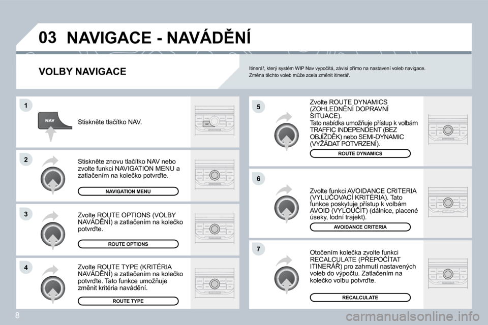 Peugeot 308 SW BL 2008.5  Návod k obsluze (in Czech) 8
�0�3
�5
�6
�7
�1
�2
�3
�4
� �N�A�V�I�G�A�C�E� �-� �N�A�V�Á�D(�N�Í� 
  VOLBY NAVIGACE 
� �Z�v�o�l�t�e� �R�O�U�T�E� �D�Y�N�A�M�I�C�S� �(�Z�O�H�L�E�D�N(�N�Í� �D�O�P�R�A�V�N�Í� �S�I�T�U�A�C�E�)�.�