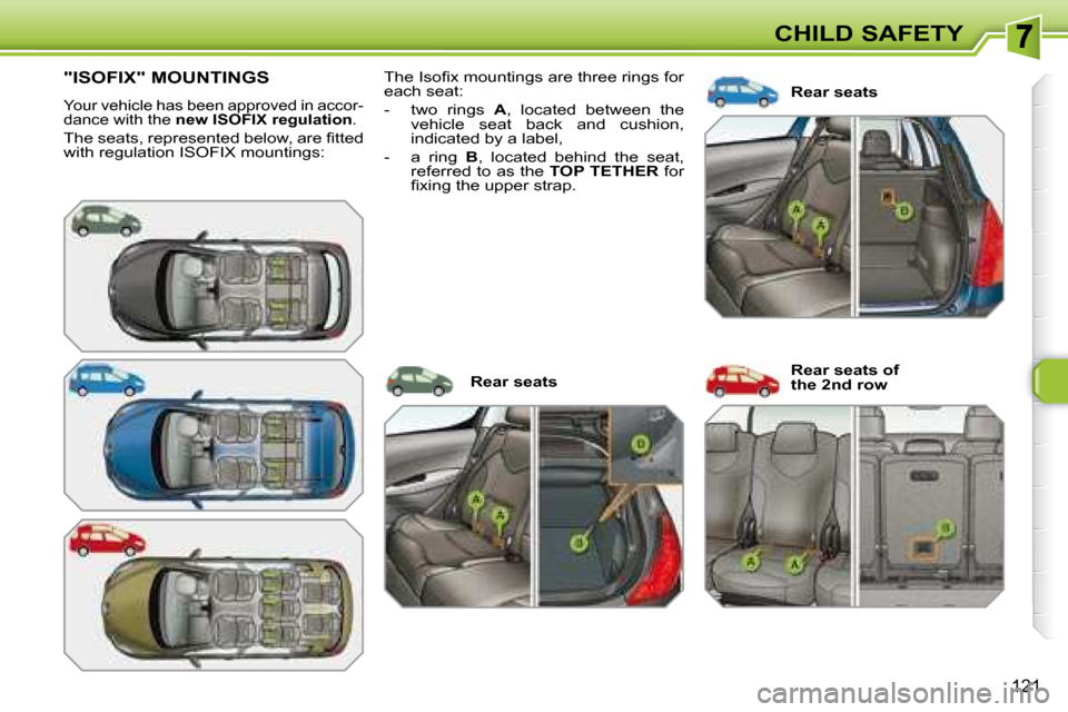 Peugeot 308 SW BL 2008  Owners Manual 121
CHILD SAFETY
         "ISOFIX" MOUNTINGS 
 Your vehicle has been approved in accor- 
dance with the  new ISOFIX regulation  . 
� �T�h�e� �s�e�a�t�s�,� �r�e�p�r�e�s�e�n�t�e�d� �b�e�l�o�w�,� �a�r�e�