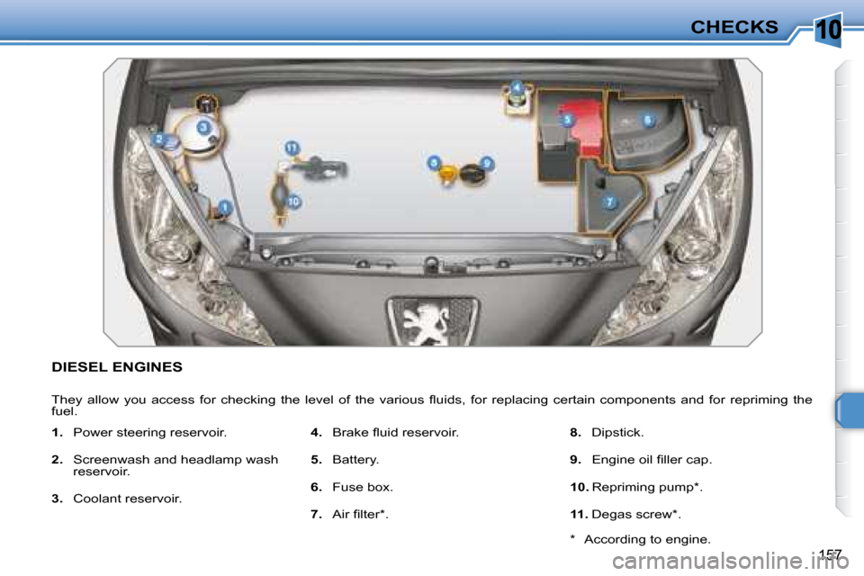 Peugeot 308 SW BL 2008  Owners Manual 10
157
CHECKS
           DIESEL ENGINES 
� �T�h�e�y�  �a�l�l�o�w�  �y�o�u�  �a�c�c�e�s�s�  �f�o�r�  �c�h�e�c�k�i�n�g�  �t�h�e�  �l�e�v�e�l�  �o�f�  �t�h�e�  �v�a�r�i�o�u�s�  �ﬂ� �u�i�d�s�,�  �f�o�r�