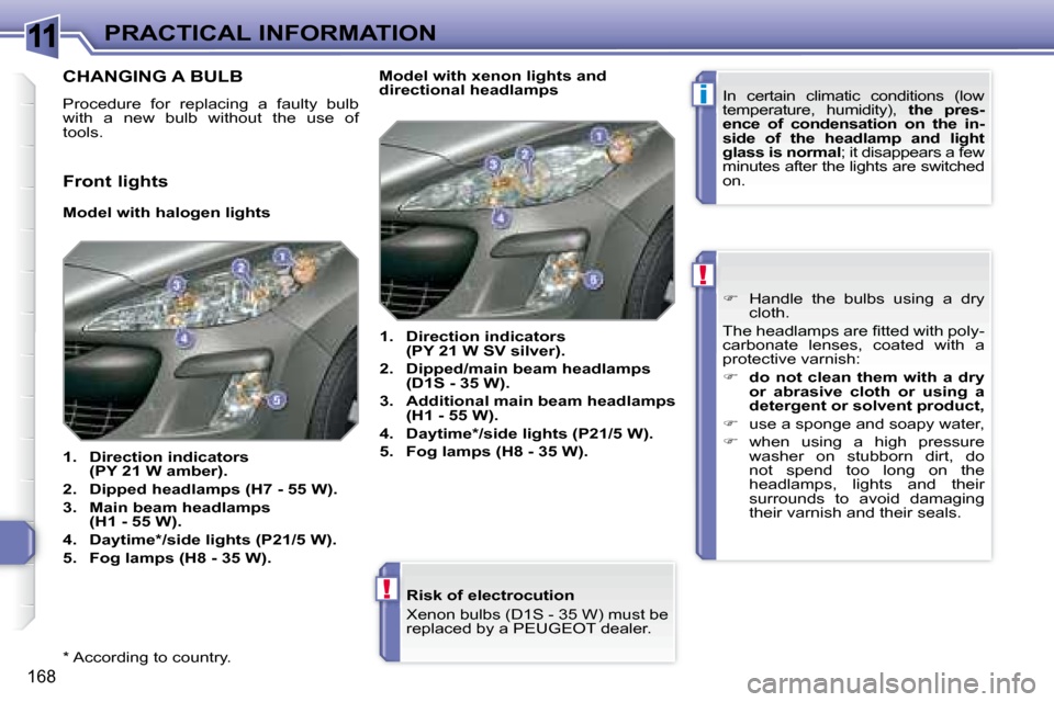 Peugeot 308 SW BL 2008  Owners Manual 11
i
!
!
168
PRACTICAL INFORMATION
  *   According to country.     Risk of electrocution  
   Xenon bulbs (D1S - 35 W) must be  
replaced by a  PEUGEOT  dealer.  
                  
 
         CHANGIN