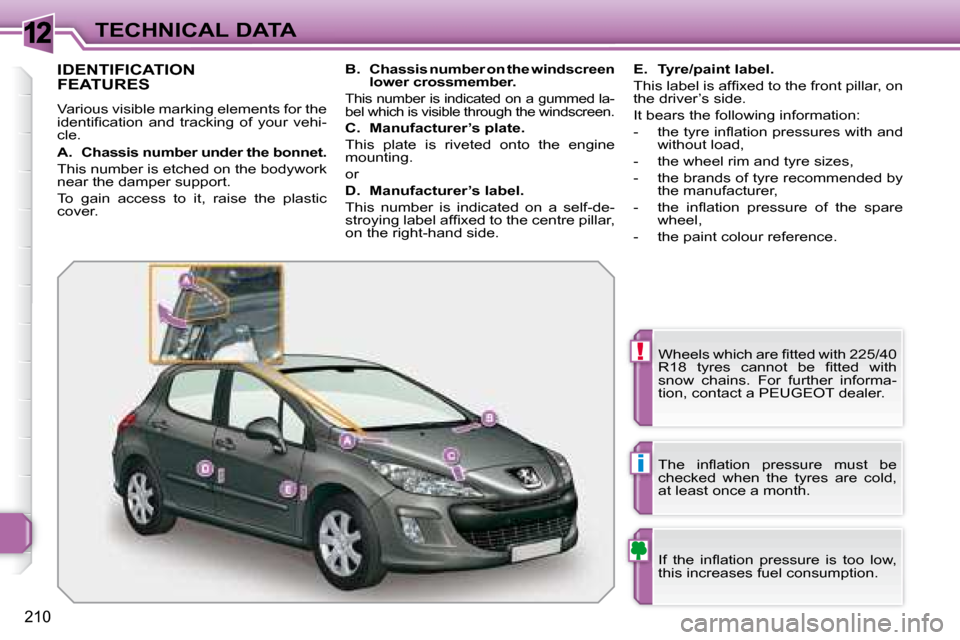 Peugeot 308 SW BL 2008  Owners Manual 12
!
i
210
TECHNICAL DATA
                   IDENTIFICATION FEATURES 
 Various visible marking elements for the  
�i�d�e�n�t�i�ﬁ� �c�a�t�i�o�n�  �a�n�d�  �t�r�a�c�k�i�n�g�  �o�f�  �y�o�u�r�  �v�e�h�