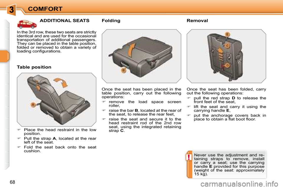 Peugeot 308 SW BL 2008  Owners Manual !
68
COMFORT
         ADDITIONAL SEATS 
  Table position  
   
�    Place  the  head  restraint  in  the  low 
position. 
  
�    Pull  the  strap    A ,  located  at  the  rear 
left of the sea