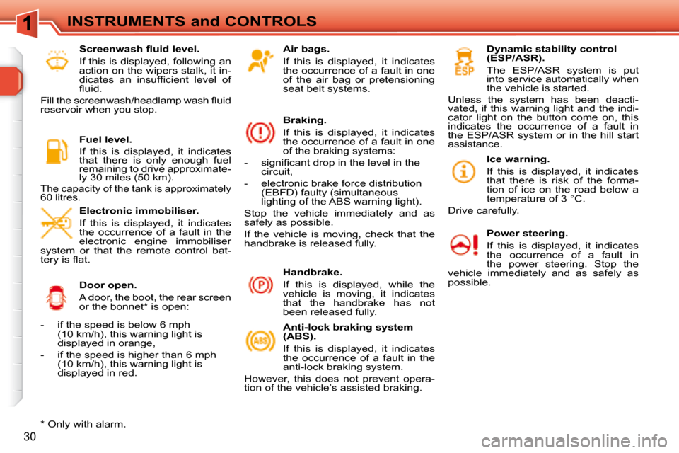 Peugeot 308 SW BL 2008  Owners Manual 30
INSTRUMENTS and CONTROLS  Air bags.  
  If  this  is  displayed,  it  indicates  
the occurrence of a fault in one 
of  the  air  bag  or  pretensioning 
seat belt systems.   
  Braking.  
 If  thi