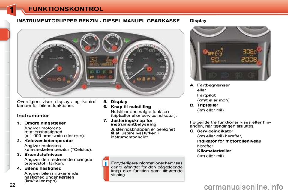 Peugeot 308 SW BL 2008  Instruktionsbog (in Danish) i
22
 FUNKTIONSKONTROL 
             INSTRUMENTGRUPPER BENZIN - DIESEL MANUEL GEARKASSE 
 Oversigten  viser  displays  og  kontrol- 
�l�a�m�p�e�r� �f�o�r� �b�i�l�e�n�s� �f�u�n�k�t�i�o�n�e�r�.�   
5.  