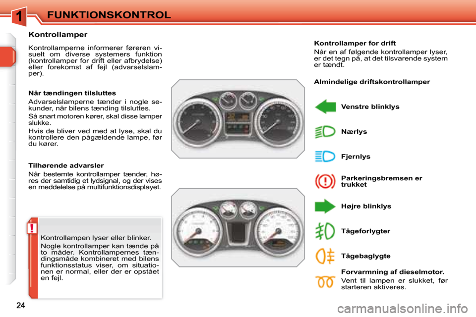 Peugeot 308 SW BL 2008  Instruktionsbog (in Danish) !
 FUNKTIONSKONTROL 
� �K�o�n�t�r�o�l�l�a�m�p�e�n� �l�y�s�e�r� �e�l�l�e�r� �b�l�i�n�k�e�r�.�  
� �N�o�g�l�e� �k�o�n�t�r�o�l�l�a�m�p�e�r� �k�a�n� �t�æ�n�d�e� �p�å�  
�t�o�  �m�å�d�e�r�.�  �K�o�n�t�r