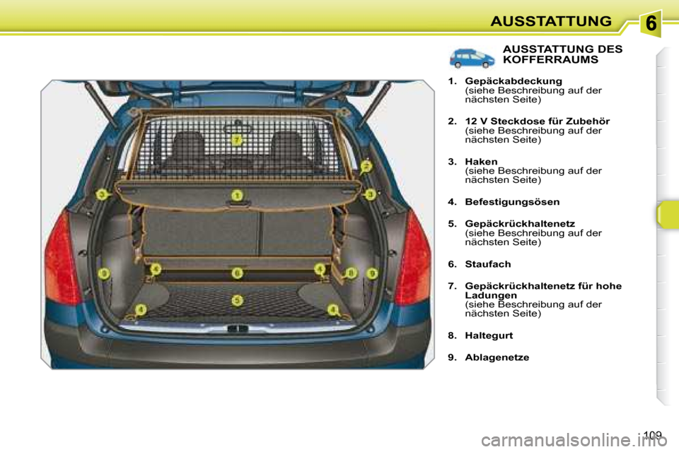 Peugeot 308 SW BL 2008  Betriebsanleitung (in German) 109
AUSSTATTUNG
               AUSSTATTUNG DES KOFFERRAUMS 
   
1.     Gepäckabdeckung     
(siehe Beschreibung auf der  
nächsten Seite) 
  
2.     12 V Steckdose für Zubehör    
(siehe Beschreib