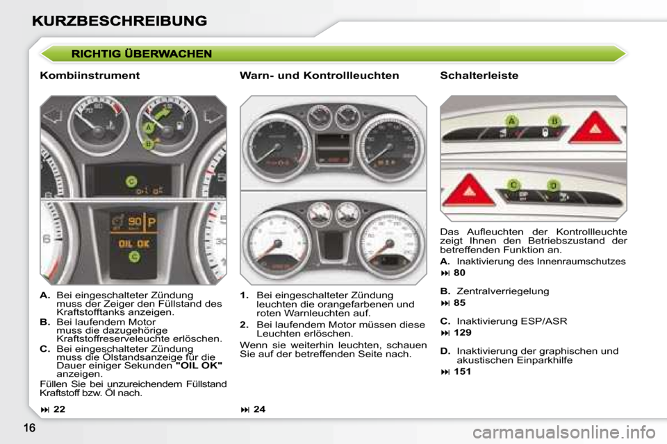 Peugeot 308 SW BL 2008  Betriebsanleitung (in German)   Kombiinstrument   Schalterleiste 
   
A.    Bei eingeschalteter Zündung 
muss der Zeiger den Füllstand des  
Kraftstofftanks anzeigen. 
  
B.    Bei laufendem Motor 
muss die dazugehörige 
Krafts
