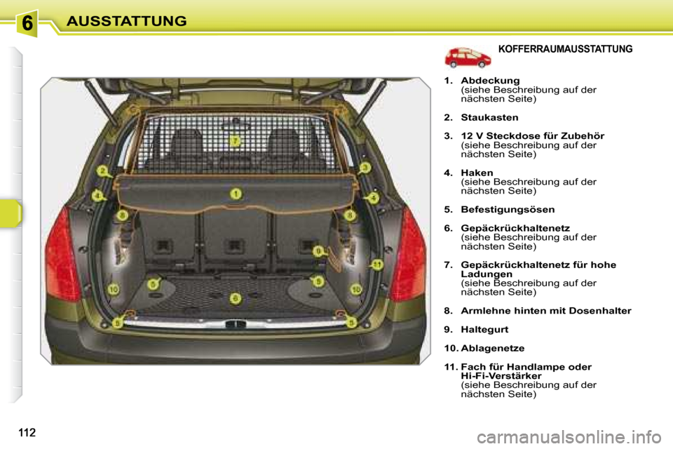 Peugeot 308 SW BL 2008 Betriebsanleitung (in German) AUSSTATTUNG
KOFFERRAUMAUSSTATTUNG
1. Abdeckung
(siehe Beschreibung auf der
nächsten Seite)
2. Staukasten
3. 12 V Steckdose für Zubehör
(siehe Bes Peugeot 308 SW BL 2008 Betriebsanleitung (in German) AUSSTATTUNG
KOFFERRAUMAUSSTATTUNG
1. Abdeckung
(siehe Beschreibung auf der
nächsten Seite)
2. Staukasten
3. 12 V Steckdose für Zubehör
(siehe Bes