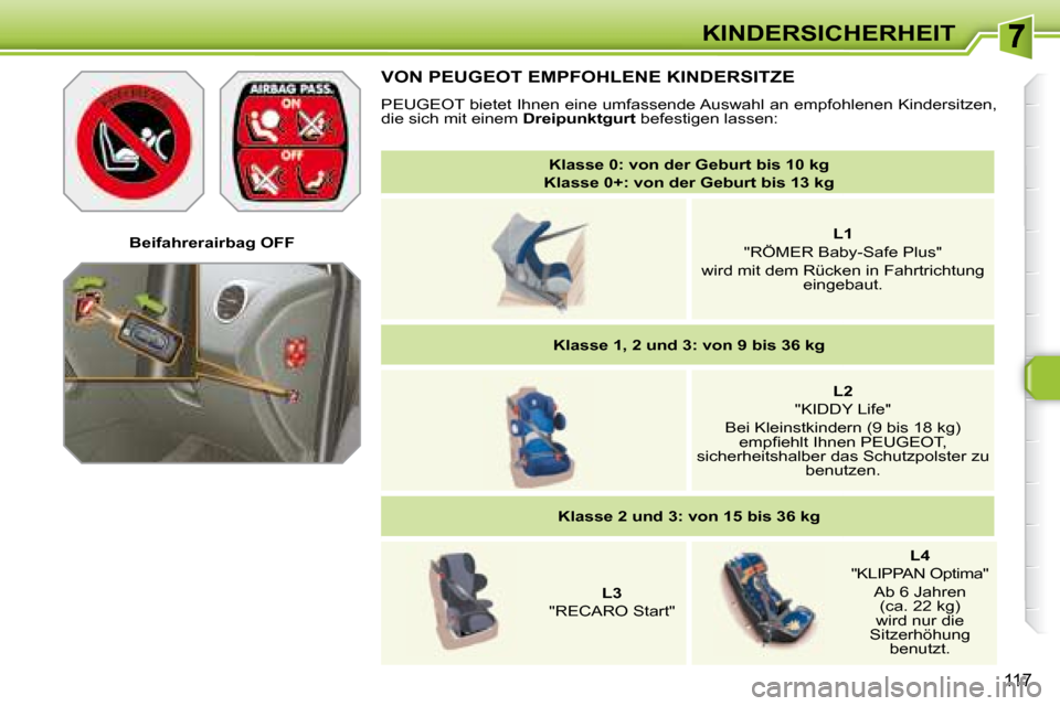 Peugeot 308 SW BL 2008  Betriebsanleitung (in German) 117
KINDERSICHERHEIT
   
Klasse 0: von der Geburt bis 10 kg    
 
Klasse 0+: von der Geburt bis 13 kg    
     
L1    
"RÖMER Baby-Safe Plus"   
wird mit dem Rücken in Fahrtrichtung  eingebaut.  
  