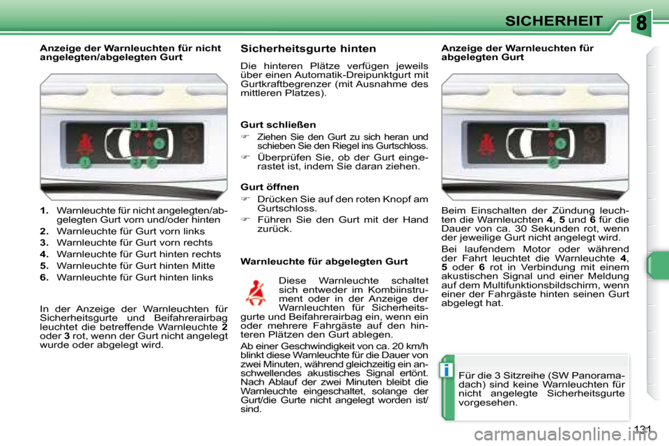 Peugeot 308 SW BL 2008  Betriebsanleitung (in German) i
131
SICHERHEIT
   
1.    Warnleuchte für nicht angelegten/ab-
gelegten Gurt vorn und/oder hinten 
  
2.    Warnleuchte für Gurt vorn links 
  
3.    Warnleuchte für Gurt vorn rechts 
  
4.    War