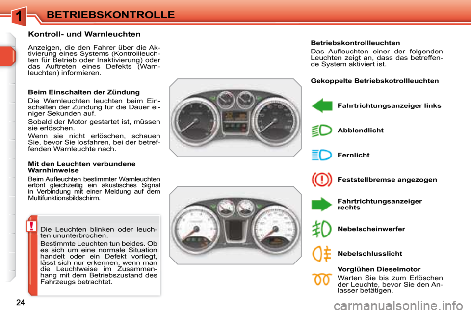 Peugeot 308 SW BL 2008  Betriebsanleitung (in German) !
BETRIEBSKONTROLLE
 Die  Leuchten  blinken  oder  leuch- 
ten ununterbrochen.   
 Bestimmte Leuchten tun beides. Ob  
es  sich  um  eine  normale  Situation 
handelt  oder  ein  Defekt  vorliegt, 
l