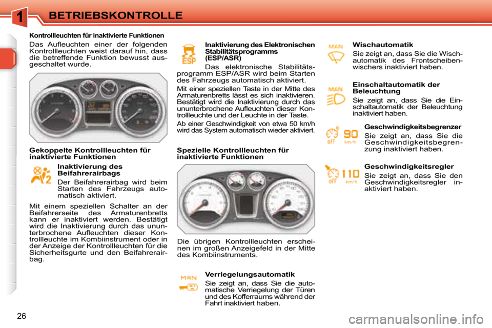 Peugeot 308 SW BL 2008  Betriebsanleitung (in German) 26
BETRIEBSKONTROLLE
   
Kontrollleuchten für inaktivierte Funktionen 
� �D�a�s�  �A�u�ﬂ� �e�u�c�h�t�e�n�  �e�i�n�e�r�  �d�e�r�  �f�o�l�g�e�n�d�e�n�  
Kontrollleuchten  weist  darauf  hin,  dass 
d