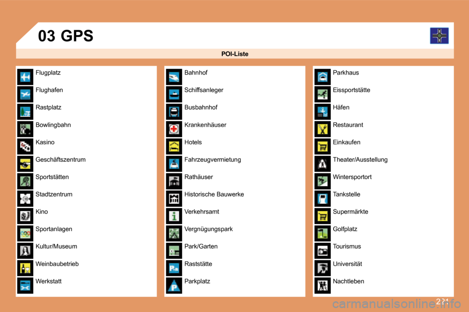 Peugeot 308 SW BL 2008  Betriebsanleitung (in German) 221
03
  POI-Liste 
 GPS 
 Flugplatz 
 Flughafen 
 Rastplatz 
 Bowlingbahn 
 Kasino 
 Geschäftszentrum 
 Sportstätten 
 Stadtzentrum 
 Kino 
 Sportanlagen 
 Kultur/Museum 
 Weinbaubetrieb 
 Werkstat