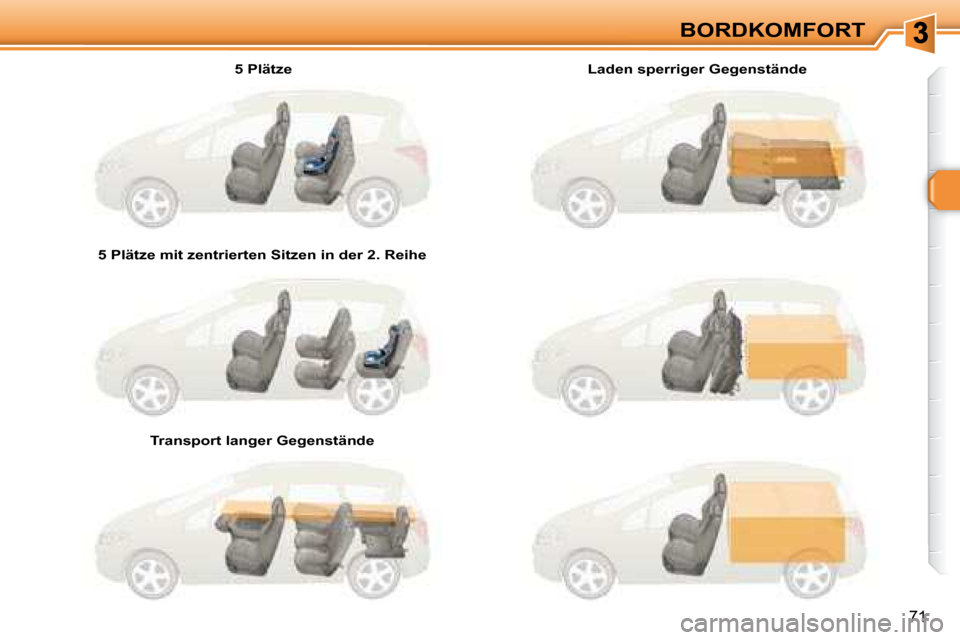 Peugeot 308 SW BL 2008  Betriebsanleitung (in German) 71
BORDKOMFORT
  5 Plätze  
  5 Plätze mit zentrierten Sitzen in der 2. Reihe   
  Transport langer Gegenstände      Laden sperriger Gegenstände           