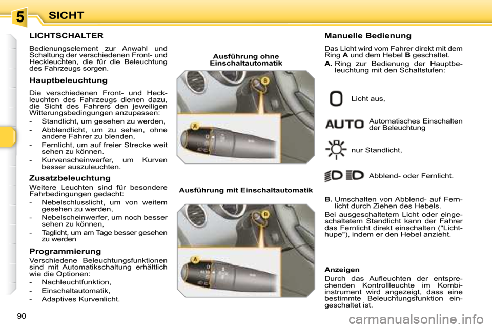 Peugeot 308 SW BL 2008  Betriebsanleitung (in German) 90
SICHT
           LICHTSCHALTER  
 Bedienungselement  zur  Anwahl  und  
Schaltung der verschiedenen Front- und 
Heckleuchten,  die  für  die  Beleuchtung 
des Fahrzeugs sorgen.   
  Hauptbeleuchtu