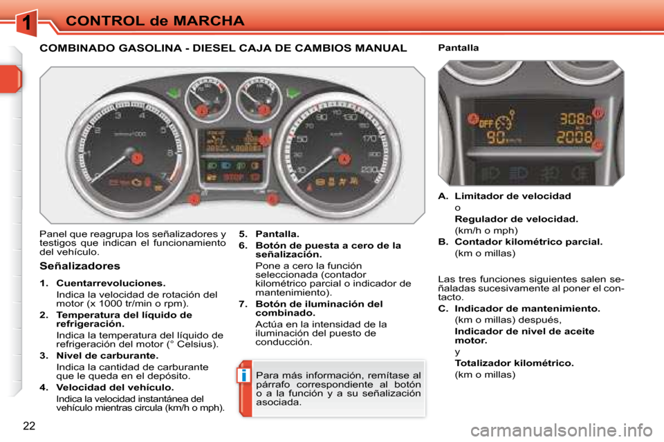 Peugeot 308 SW BL 2008  Manual del propietario (in Spanish) i
22
CONTROL de MARCHA
             COMBINADO GASOLINA - DIESEL CAJA DE CAMBIOS MANUAL 
 Panel que reagrupa los señalizadores y  
testigos  que  indican  el  funcionamiento 
del vehículo.   
5.     