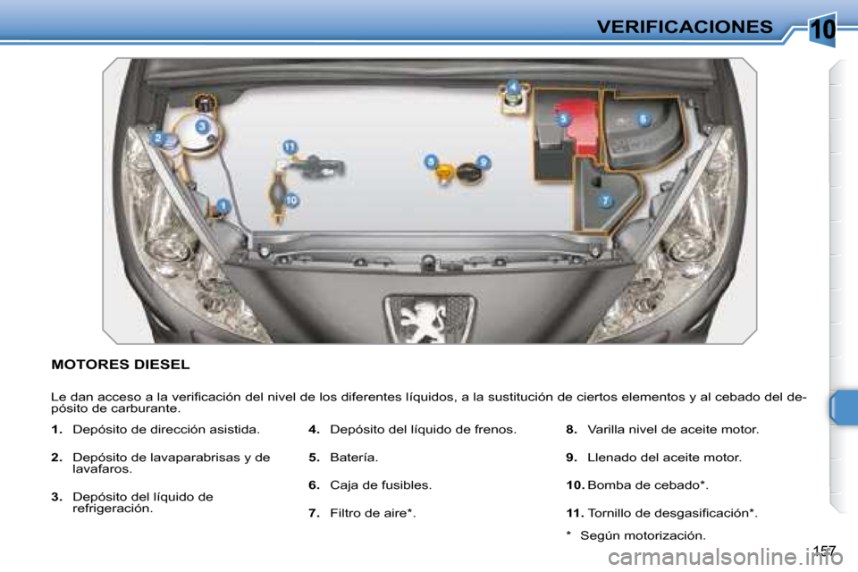 Peugeot 308 SW BL 2008  Manual del propietario (in Spanish) 10
157
VERIFICACIONES
           MOTORES DIESEL 
� �L�e� �d�a�n� �a�c�c�e�s�o� �a� �l�a� �v�e�r�i�ﬁ� �c�a�c�i�ó�n� �d�e�l� �n�i�v�e�l� �d�e� �l�o�s� �d�i�f�e�r�e�n�t�e�s� �l�í�q�u�i�d�o�s�,� �a� �