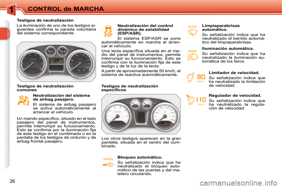 Peugeot 308 SW BL 2008  Manual del propietario (in Spanish) 26
CONTROL de MARCHA
   Testigos de neutralización  
 La iluminación de uno de los testigos si- 
�g�u�i�e�n�t�e�s�  �c�o�n�ﬁ� �r�m�a�  �l�a�  �p�a�r�a�d�a�  �v�o�l�u�n�t�a�r�i�a� 
del sistema corr