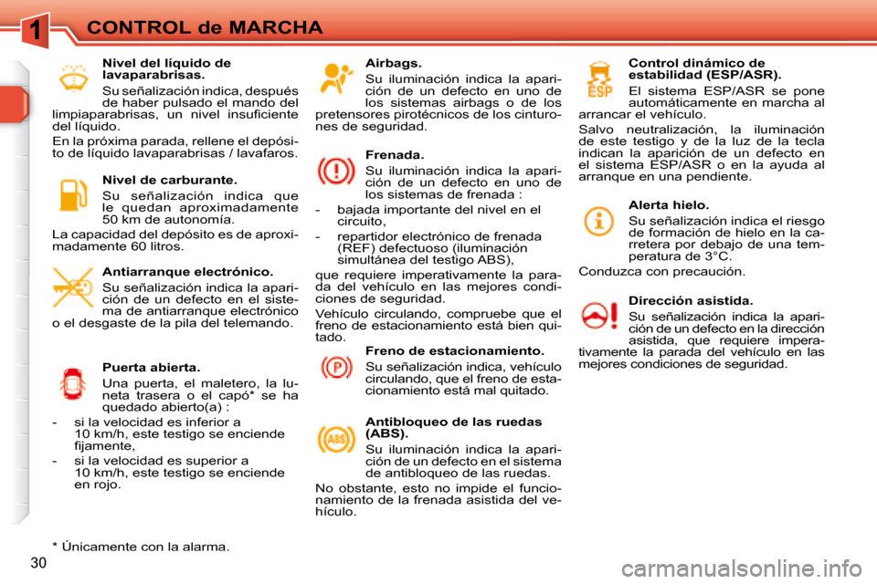 Peugeot 308 SW BL 2008  Manual del propietario (in Spanish) 30
CONTROL de MARCHA  Airbags.  
 Su  iluminación  indica  la  apari- 
ción  de  un  defecto  en  uno  de 
los  sistemas  airbags  o  de  los 
pretensores pirotécnicos de los cinturo-
nes de seguri