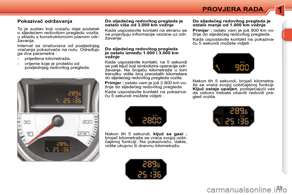 Peugeot 308 SW BL 2008  Vodič za korisnike (in Croatian) 33
�P�R�O�V�J�E�R�A� �R�A�D�A
� � �P�o�k�a�z�i�v�a�č� �o�d�r�ž�a�v�a�n�j�a�  
� �T�o�  �j�e�  �s�u�s�t�a�v�  �k�o�j�i�  �v�o�z�a�č�u�  �d�a�j�e�  �p�o�d�a�t�a�k�  
�o� �s�l�j�e�d�e�ć�e�m� �r�e�d�o