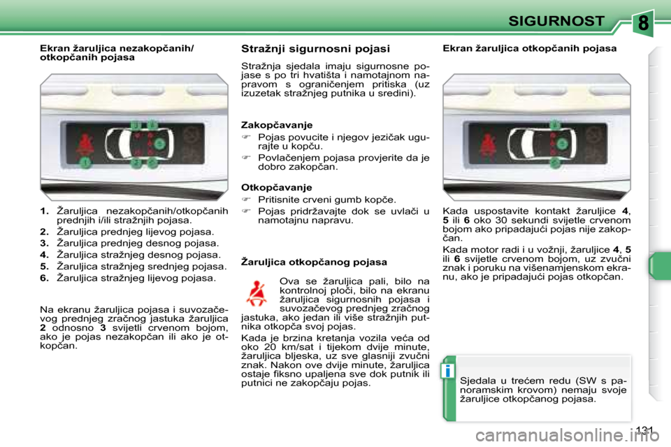 Peugeot 308 SW BL 2008  Vodič za korisnike (in Croatian) i
131
SIGURNOST
   
1. � �  �Ž�a�r�u�l�j�i�c�a�  �n�e�z�a�k�o�p�č�a�n�i�h�/�o�t�k�o�p�č�a�n�i�h� 
�p�r�e�d�n�j�i�h� �i�/�i�l�i� �s�t�r�a�ž�n�j�i�h� �p�o�j�a�s�a�.� 
  
2. � �  �Ž�a�r�u�l�j�i�c�a�