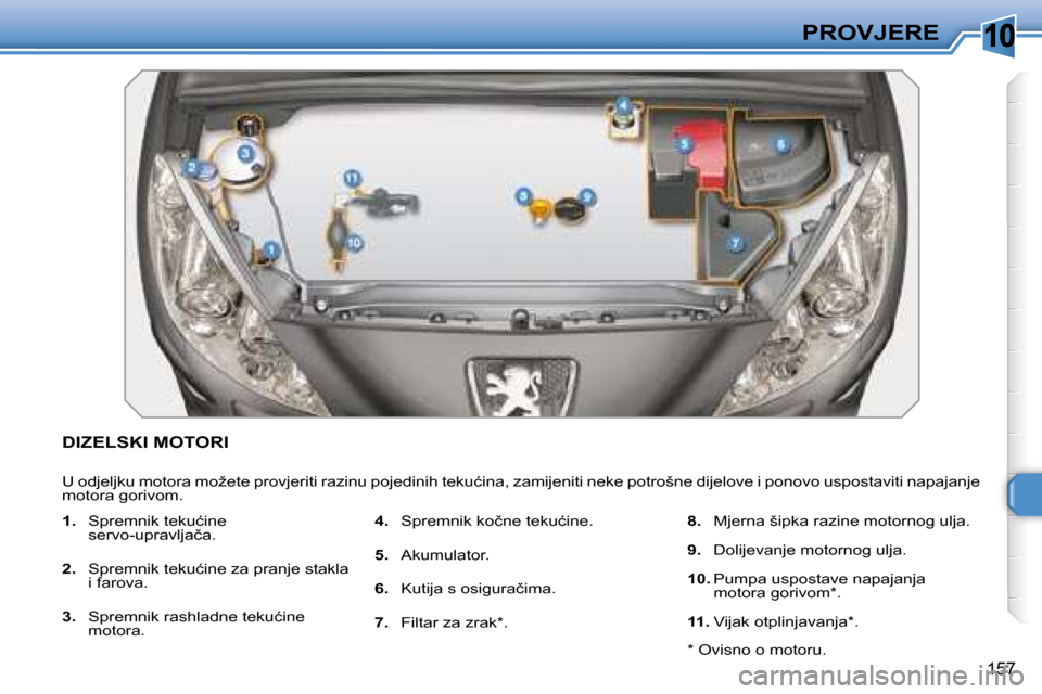 Peugeot 308 SW BL 2008  Vodič za korisnike (in Croatian) �1�0
�1�5�7
�P�R�O�V�J�E�R�E
� � � � � � � � � � � �D�I�Z�E�L�S�K�I� �M�O�T�O�R�I� 
� �U� �o�d�j�e�l�j�k�u� �m�o�t�o�r�a� �m�o�ž�e�t�e� �p�r�o�v�j�e�r�i�t�i� �r�a�z�i�n�u� �p�o�j�e�d�i�n�i�h� �t�e�k�