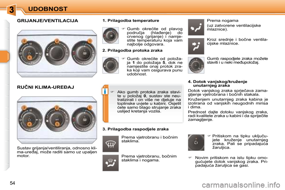 Peugeot 308 SW BL 2008  Vodič za korisnike (in Croatian) i
�5�4
UDOBNOST� � �2�.� �P�r�i�l�a�g�o�d�b�a� �p�r�o�t�o�k�a� �z�r�a�k�a�    
� � � �G�u�m�b�  �o�k�r�e�ć�i�t�e�  �o�d�  �p�o�l�o�ž�a�-
ja    1� �  �d�o�  �p�o�l�o�ž�a�j�a�  �  5 ,  dok  ne 
�n