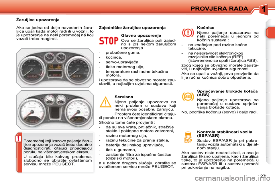 Peugeot 308 SW BL 2008  Vodič za korisnike (in Croatian) !
27
�P�R�O�V�J�E�R�A� �R�A�D�A
� �A�k�o�  �s�e�  �j�e�d�n�a�  �o�d�  �d�o�l�j�e�  �n�a�v�e�d�e�n�i�h�  �ž�a�r�u�- 
�l�j�i�c�a� �u�p�a�l�i� �k�a�d�a� �m�o�t�o�r� �r�a�d�i� �i�l�i� �u� �v�o�ž�n�j�i�,