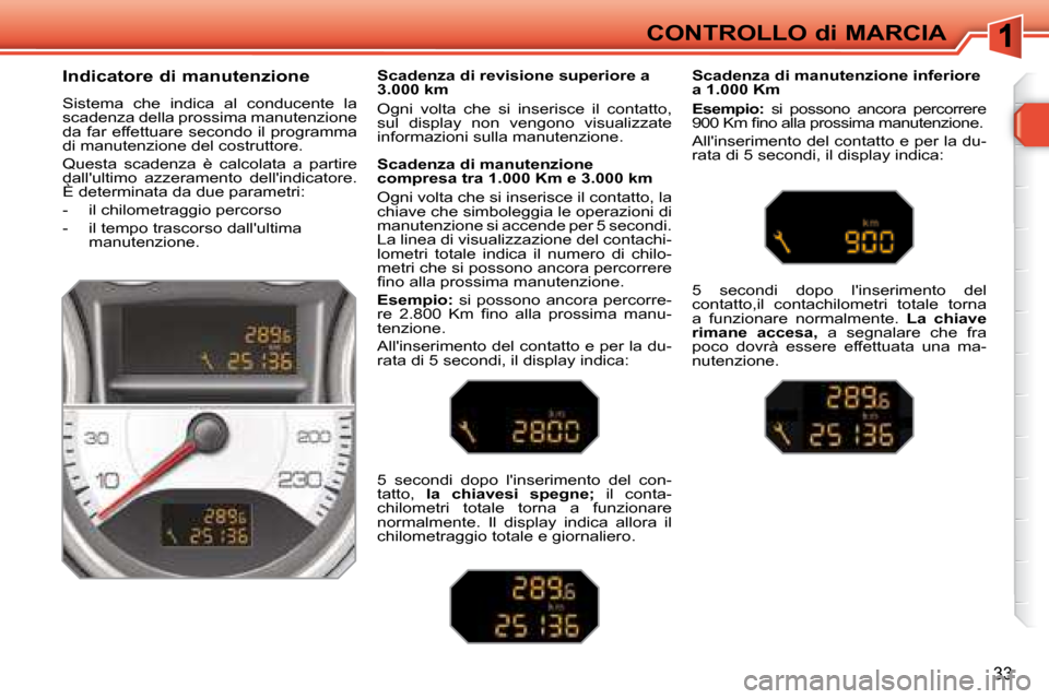 Peugeot 308 SW BL 2008  Manuale del proprietario (in Italian) 33
CONTROLLO di MARCIA
  Indicatore di manutenzione 
 Sistema  che  indica  al  conducente  la  
scadenza della prossima manutenzione 
da far effettuare secondo il programma 
di manutenzione del costr