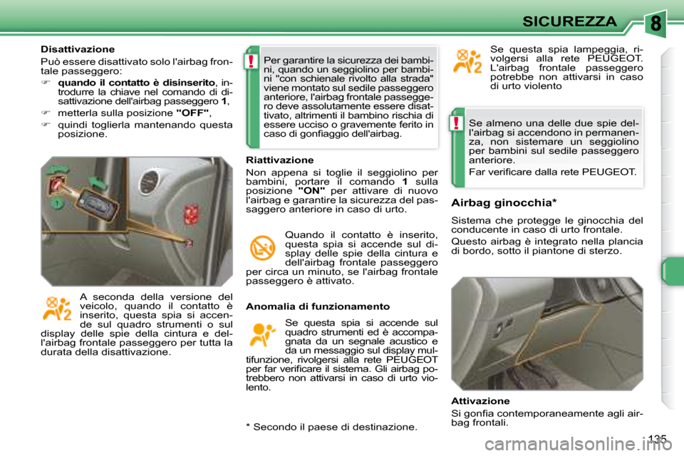 Peugeot 308 SW BL 2008  Manuale del proprietario (in Italian) !
!
135
SICUREZZA
 Se almeno una delle due spie del- 
lairbag si accendono in permanen-
za,  non  sistemare  un  seggiolino 
per  bambini  sul  sedile  passeggero 
anteriore.  
� � �F�a�r� �v�e�r�i�