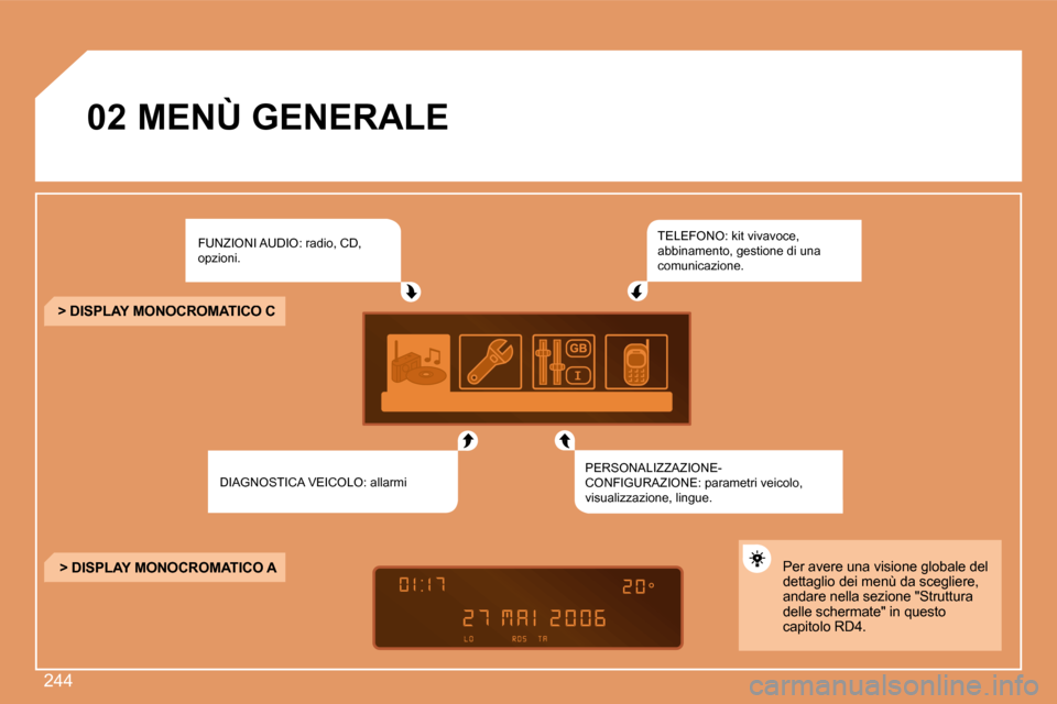 Peugeot 308 SW BL 2008  Manuale del proprietario (in Italian) 244
02       MENÙ GENERALE  
� �F�U�N�Z�I�O�N�I� �A�U�D�I�O�:� �r�a�d�i�o�,� �C�D�,� opzioni. 
� �D�I�A�G�N�O�S�T�I�C�A� �V�E�I�C�O�L�O�:� �a�l�l�a�r�m�i� � 
� �T�E�L�E�F�O�N�O�:� �k�i�t� �v�i�v�a�v�