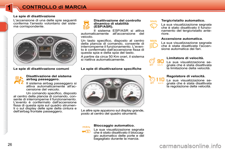 Peugeot 308 SW BL 2008  Manuale del proprietario (in Italian) 26
CONTROLLO di MARCIA
   Le spie di disattivazione  
 Laccensione di una delle spie seguenti  
conferma  larresto  volontario  del  siste-
ma corrispondente.      Disattivazione del sistema 
airbag