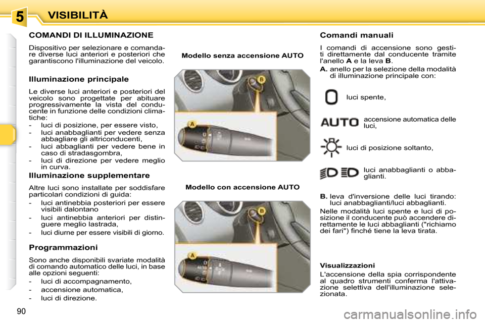 Peugeot 308 SW BL 2008  Manuale del proprietario (in Italian) 90
VISIBILITÀ
           COMANDI DI ILLUMINAZIONE  
 Dispositivo per selezionare e comanda- 
re  diverse  luci  anteriori  e  posteriori  che 
garantiscono lilluminazione del veicolo. 
  Illuminazio