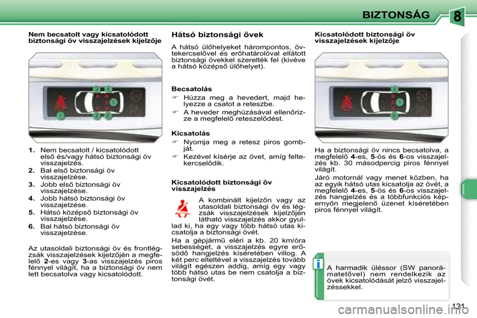 Peugeot 308 SW BL 2008  Kezelési útmutató (in Hungarian) i
131
BIZTONSÁG
   
�1�. � �  �N�e�m� �b�e�c�s�a�t�o�l�t� �/� �k�i�c�s�a�t�o�l�ó�d�o�t�t� 
�e�l�s5� �é�s�/�v�a�g�y� �h�á�t�s�ó� �b�i�z�t�o�n�s�á�g�i� �ö�v�  
�v�i�s�s�z�a�j�e�l�z�é�s�.� 
  
�
