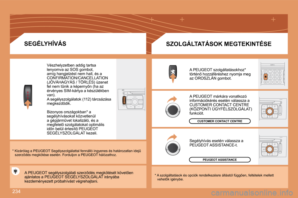 Peugeot 308 SW BL 2008  Kezelési útmutató (in Hungarian) 234
S
O
S
S
O SSOU R CE
MODE B AND TP T
A Y
DARK
ESC
MENU LIST
ESC
MENU LIST
� � �S�E�G�É�L�Y�H�Í�V�Á�S� 
� � �*� � � � � �K�i�z�á�r�ó�l�a�g� �a� � �P�E�U�G�E�O�T� � �S�e�g�é�l�y�s�z�o�l�g�á�l�