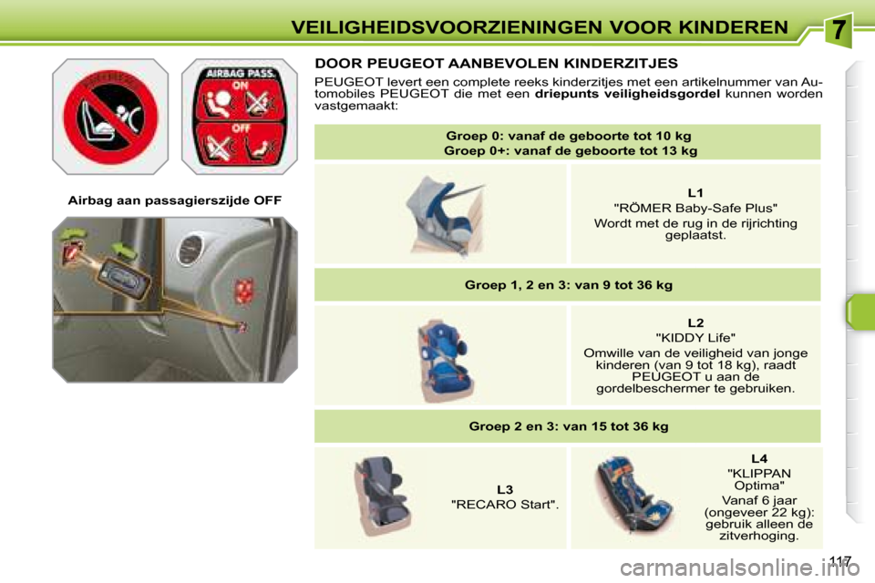 Peugeot 308 SW BL 2008  Handleiding (in Dutch) 117
VEILIGHEIDSVOORZIENINGEN VOOR KINDEREN   
Groep 0: vanaf de geboorte tot 10 kg     
   Groep 0+: vanaf de geboorte tot 13 kg    
     
L1     
"RÖMER Baby-Safe Plus"   
Wordt met de rug in de rij