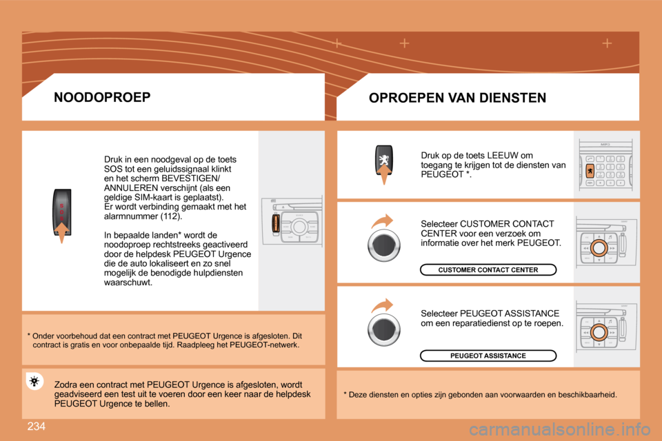 Peugeot 308 SW BL 2008 Handleiding (in Dutch) 234
S
O
S
S
O SSOU R CE
MODE B AND TP T
A Y
DARK
ESC
MENU LIST
ESC
MENU LIST
NOODOPROEP
* Onder voorbehoud dat een contract met PEUGEOT Urge nce is afgesloten. Dit contract is gratis en v Peugeot 308 SW BL 2008 Handleiding (in Dutch) 234
S
O
S
S
O SSOU R CE
MODE B AND TP T
A Y
DARK
ESC
MENU LIST
ESC
MENU LIST
NOODOPROEP
* Onder voorbehoud dat een contract met PEUGEOT Urge nce is afgesloten. Dit contract is gratis en v